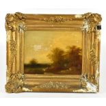 19TH CENTURY ENGLISH SCHOOL; oil on card, landscape with figure fishing, unsigned, 22 x 30cm,