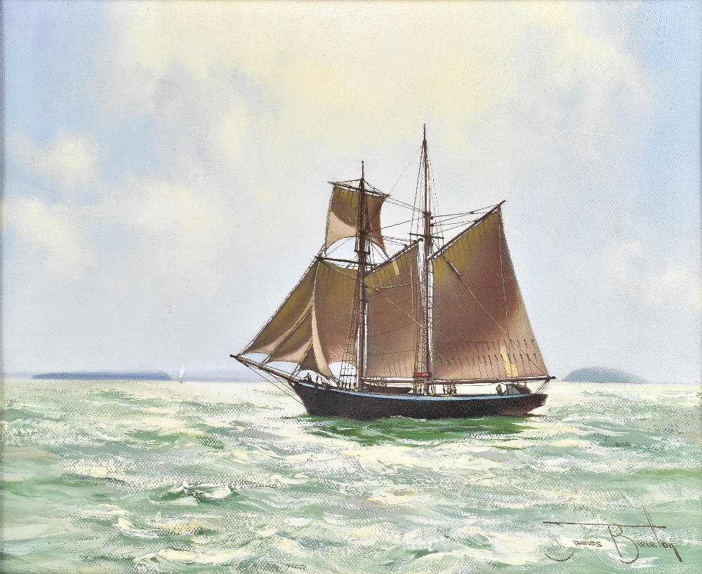 JAMES BRERETON; oil on canvas, sailing vessel in calm seas, signed lower right, 24.5 x 30cm, framed. - Bild 2 aus 3