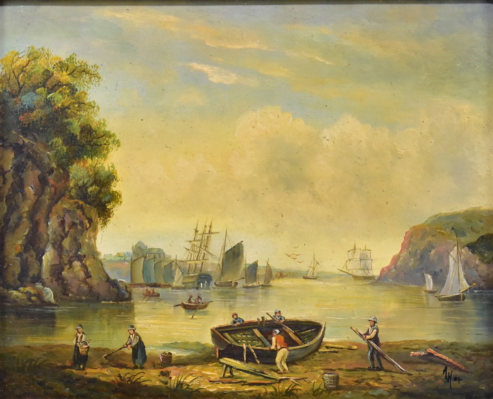 ENGLISH SCHOOL 20TH CENTURY; oil on panel, shore scene with boats and figures, initialled and - Bild 2 aus 3