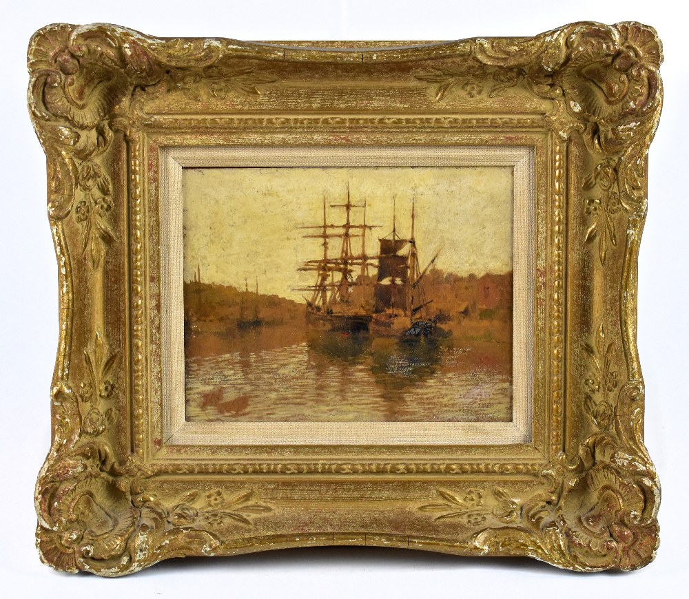 IN THE STYLE OF JAMES WEBB (1825-1895); oil on board, harbour scene with moored boats bearing