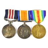 A WWI Military Medal group of three awarded to 87429 Private E. Blinkhorn, Liverpool Regiment,