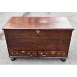 An 18th century oak mule chest, with two drawers, on bun feet, height 72cm, width 114cm, depth
