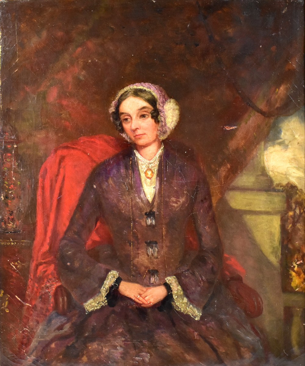 19TH CENTURY ENGLISH SCHOOL; oil on canvas, portrait study of a seated woman wearing a bonnet, - Bild 2 aus 3