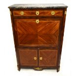 A French inlaid kingwood secretaire à abattant with veined grey marble top above a drawer, fall