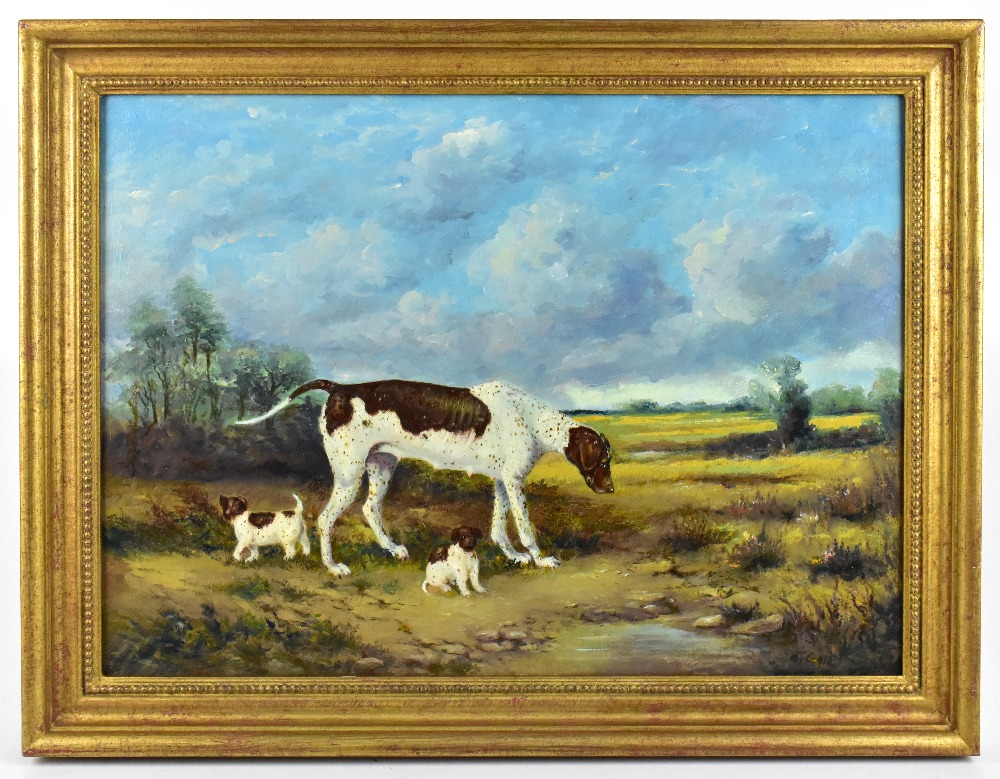 A.J. COLE; oil on board, study of hound and two puppies in a landscape, signed, 37 x 51cm, framed.