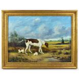 A.J. COLE; oil on board, study of hound and two puppies in a landscape, signed, 37 x 51cm, framed.