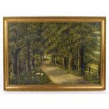 LATE 19TH/EARLY 20TH CENTURY ENGLISH SCHOOL; oil on canvas, tree lined lane scene with figures and