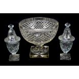 A 19th century cut glass pedestal sweetmeat bowl, height 21.5cm, together with a pair of late 19th