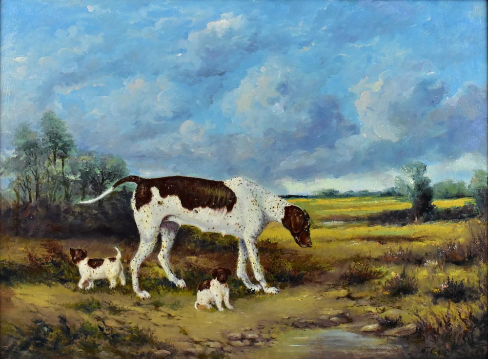 A.J. COLE; oil on board, study of hound and two puppies in a landscape, signed, 37 x 51cm, framed. - Bild 2 aus 4