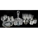 A small collection of assorted glassware including a Galway Irish Crystal ship's decanter,