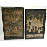 Two large early 20th century Indian gouaches depicting numerous figures within a leaf decorated