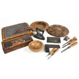 A selection of 19th century and later treen including a Canadian butter box, an Italian marquetry