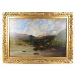 19TH CENTURY ENGLISH SCHOOL; oil on canvas, mountainous landscape with figures in rowing boats,