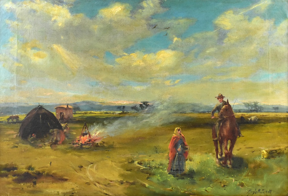 HUGH BERRY SCOTT (1853-1940); oil on canvas, landscape with campfire and figure on horseback, - Bild 2 aus 4