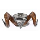 A late Victorian table snuff mull with silver plated mounts, modelled as two ram's horns with