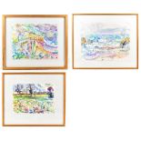 LINDA WEIR; three watercolours, seascape, landscape and one other, largest 30.5cm x 40cm, framed and