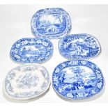 Five 19th century blue and white meat plates, to include a Rogers elephant pattern plate, length