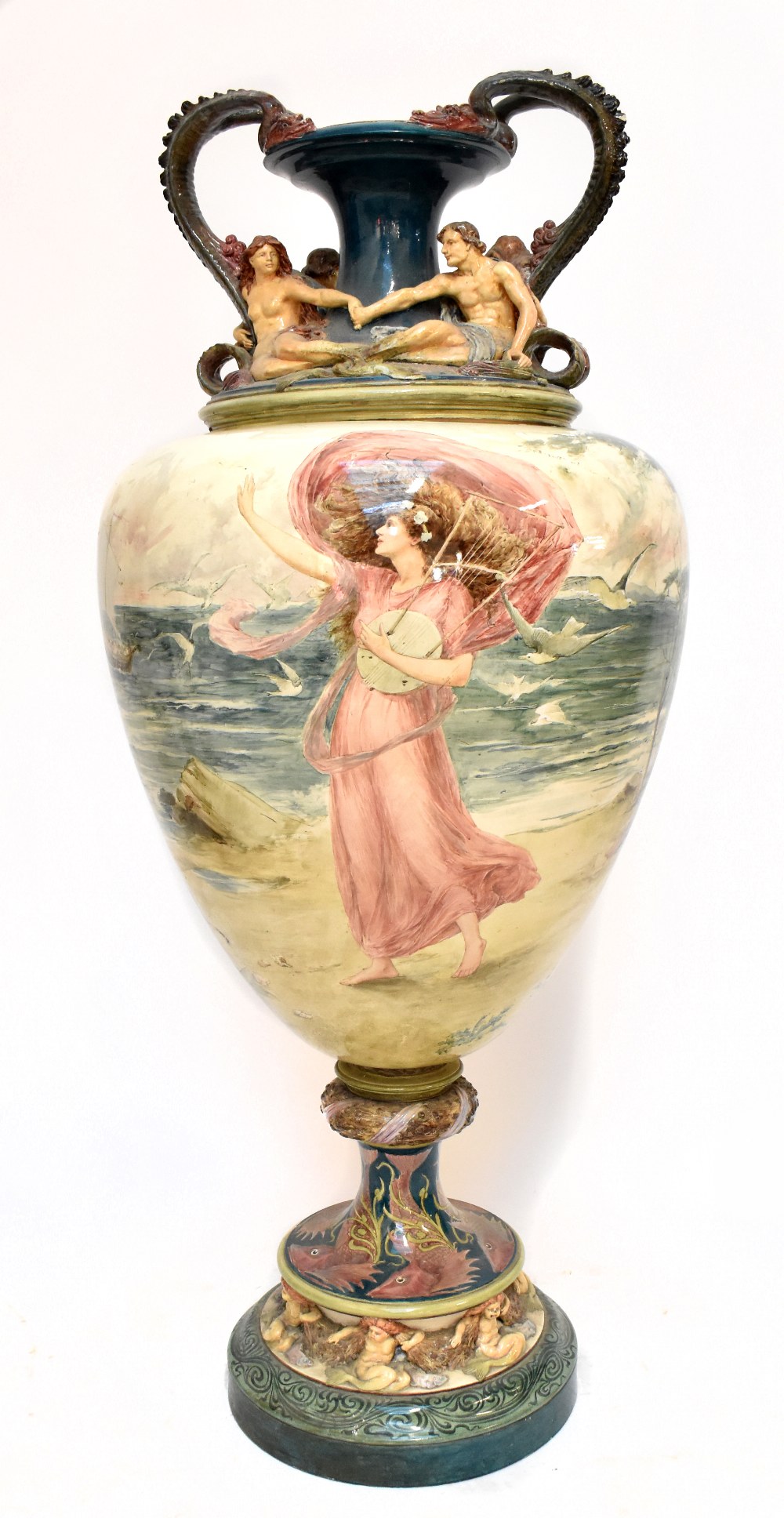 DOULTON LAMBETH; a monumental exhibition produced twin handled vase, the lid with swept dragon