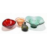 A group of assorted glassware including a Whitefriars ruby triangular shaped example, a green