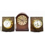 An Edwardian mahogany and line inlaid mantel clock, height 37cm, and a pair of ship's clock and