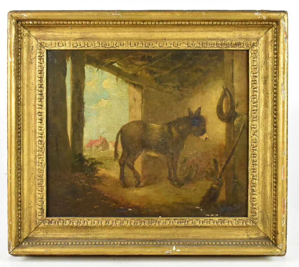 19TH CENTURY ENGLISH SCHOOL; oil on canvas, stable interior with donkey, unsigned, 25 x 30cm, framed