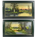 S.G. POPOFF; a pair of oil on board, landscape scenes with rivers, each signed, 34 x 70cm, each