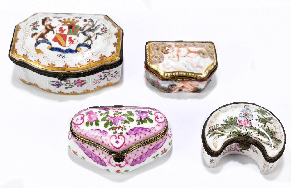 Four decorative ceramic trinket boxes and covers including a Capodimonte example with relief moulded
