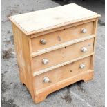 A stripped pine three drawer chest raised on bracket feet, width 78cm. PROVENANCE: from the Brian