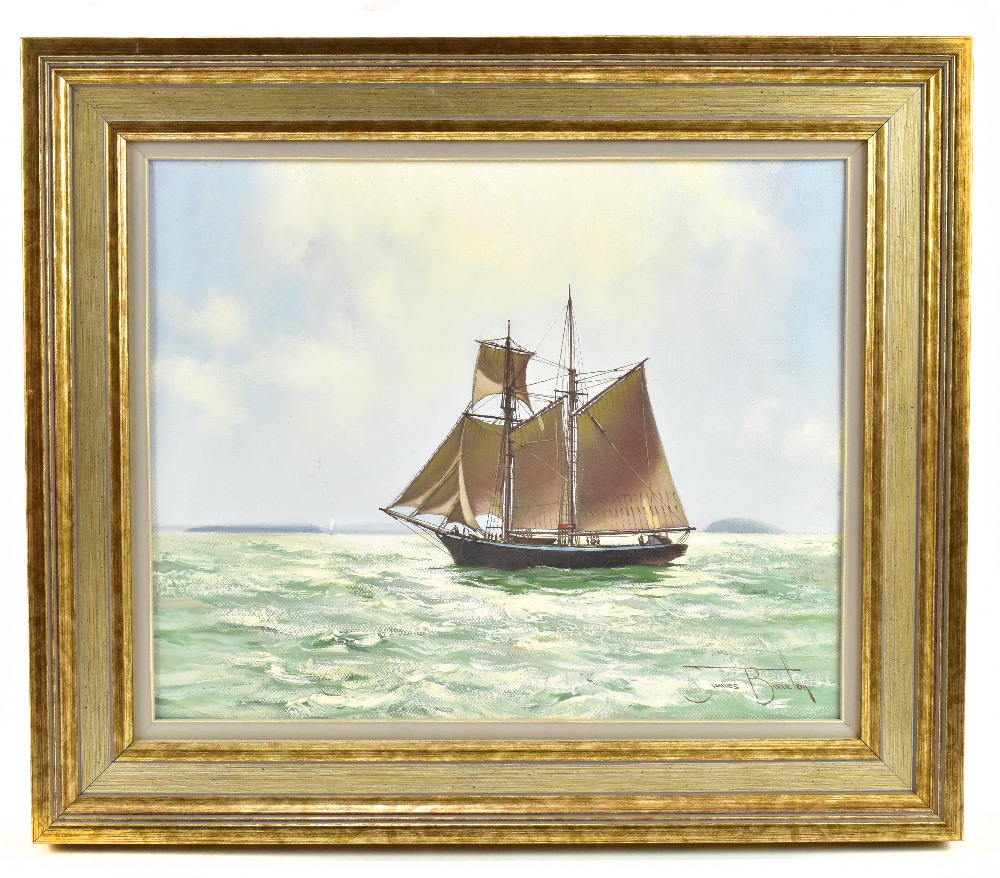 JAMES BRERETON; oil on canvas, sailing vessel in calm seas, signed lower right, 24.5 x 30cm, framed.