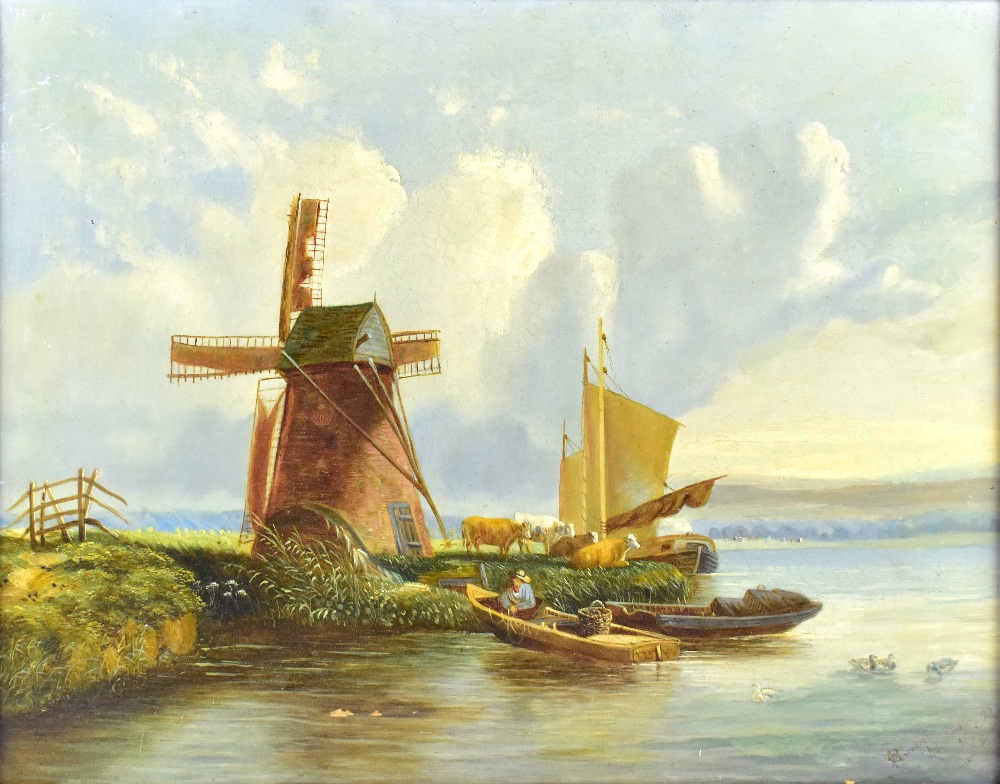 LATE 19TH CENTURY DUTCH SCHOOL; oil on canvas, landscape with windmill, cattle resting and figure in - Bild 2 aus 4