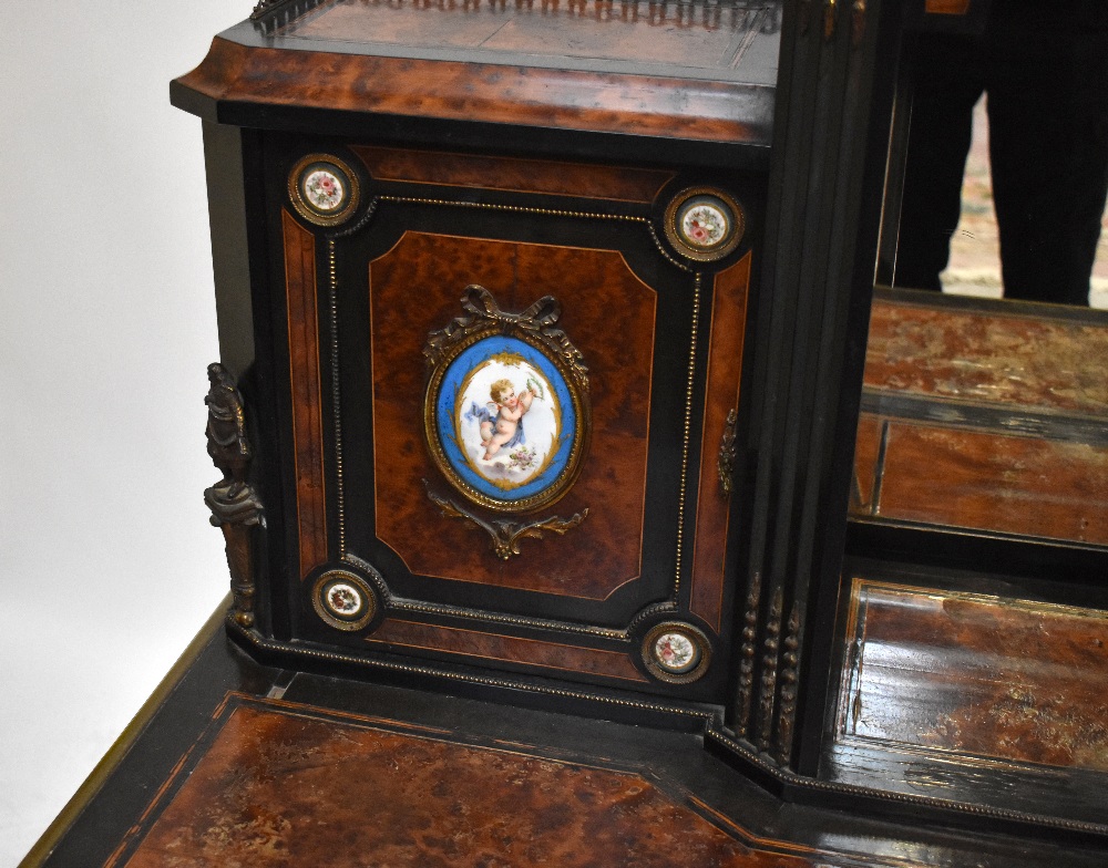 A late Victorian amboyna veneered ebony gilt metal and porcelain mounted bonheur de jour, the - Bild 9 aus 14