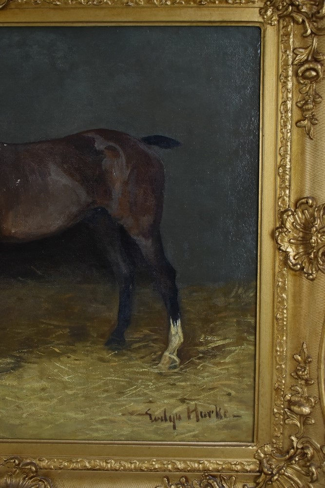 EVELYN HARKE (FL.1897-1919); oil on canvas, study of a hunter in a stable, signed, 50 x 60cm, - Bild 5 aus 7