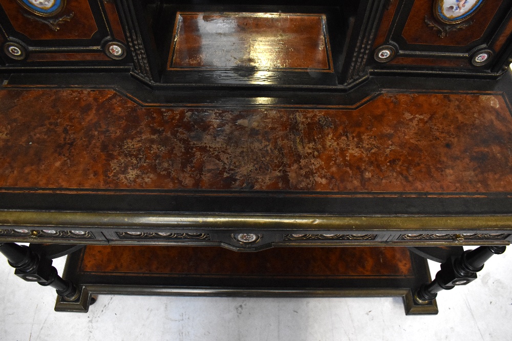 A late Victorian amboyna veneered ebony gilt metal and porcelain mounted bonheur de jour, the - Bild 10 aus 14