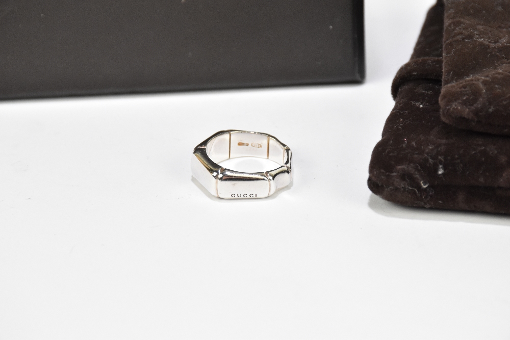 GUCCI; a silver bamboo ring, stamped 'Gucci 925', size small, with original pouch and box.Additional - Image 2 of 2