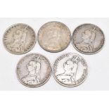 A collection five Victoria silver double florin coins comprising 1887, 1888, 1889 (x2), and 1890,