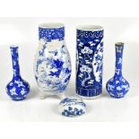 A circa 1900 Chinese blue and white cylindrical vase (drilled for lamp), height 31.5cm, a blue and