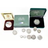 ROYAL MINT; a Queen Mother silver piedfort crown in capsule and box, with a selection of Victoria