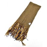 BRORA; a 100% cashmere yellow and purple woven long scarf embellished with long golden and purple