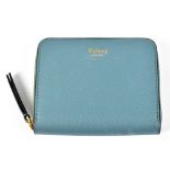 MULBERRY; a light blue pebbled calf leather zip top card case with gold tone zip and oxblood calf