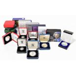 A collection of fifteen modern silver proof coins to include six crowns, two fifty pence pieces, a