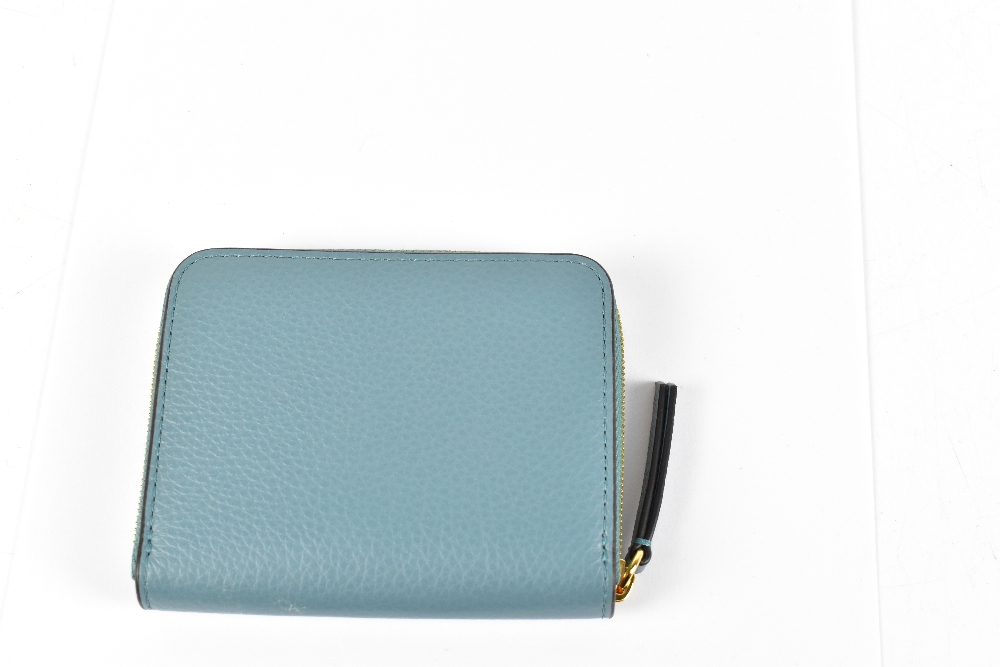 MULBERRY; a light blue pebbled calf leather zip top card case with gold tone zip and oxblood calf - Image 2 of 2