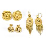 A pair of 9ct yellow gold knot diamond set ear studs, approx 7.1g, and two further pairs of