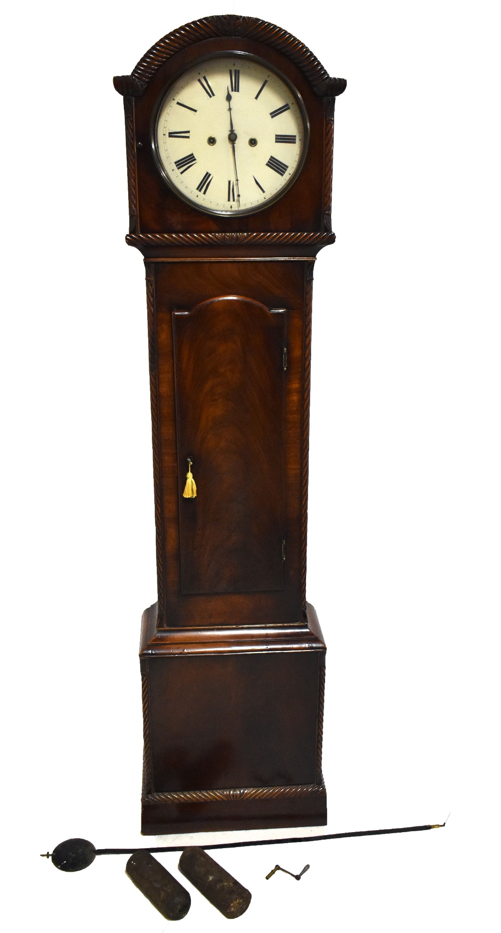 An early 19th century Scottish mahogany longcase clock, the circular painted dial set with Roman