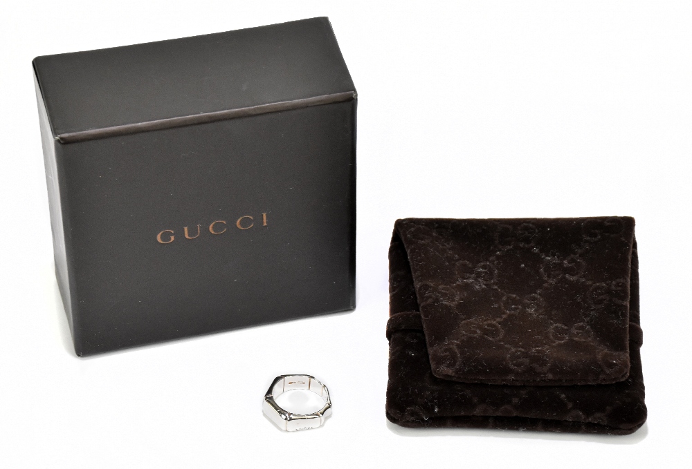 GUCCI; a silver bamboo ring, stamped 'Gucci 925', size small, with original pouch and box.Additional