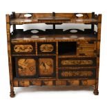 A 19th century Japanese marquetry inlaid cabinet, with pierced galleried back above an arrangement