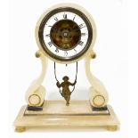 An early 20th century French alabaster swinging girl mantel clock, the enamel dial set with Roman