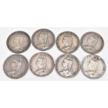 Eight Victoria Jubilee head silver crowns comprising 1887 (x2), 1889, 1888, 1891 (x2), 1892 and