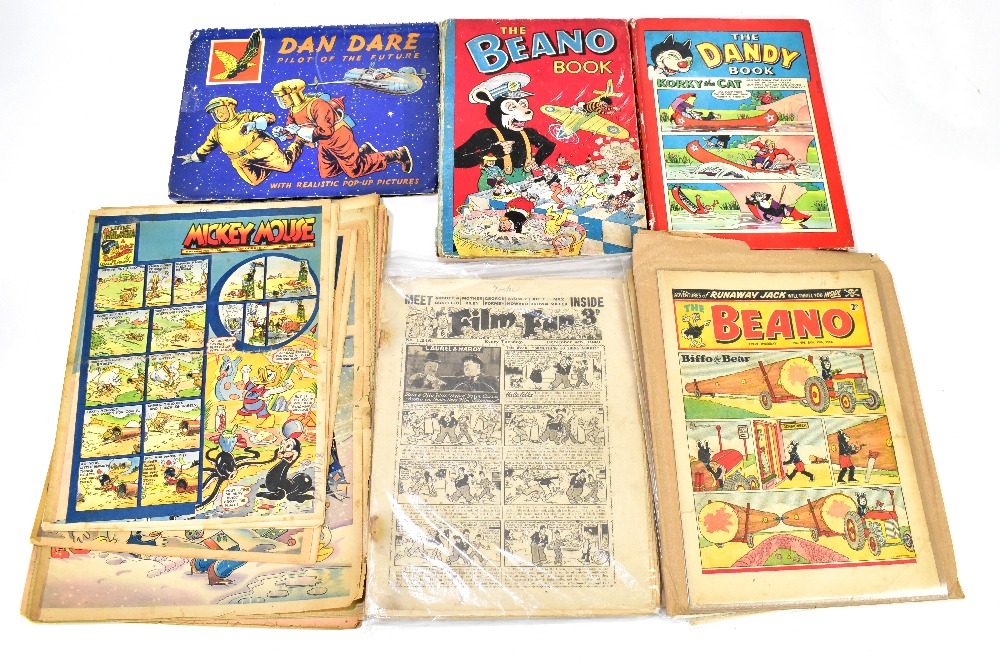 A small collection of comics, magazines and books including The Beano, number 277, dated Feb 9th