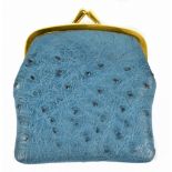 A light blue ostrich leather coin purse with gold tone top and top closure and zip fob to front