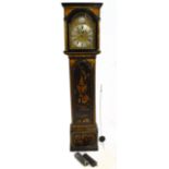 An 18th century and later decorated lacquered eight day longcase clock, the arched brass dial with
